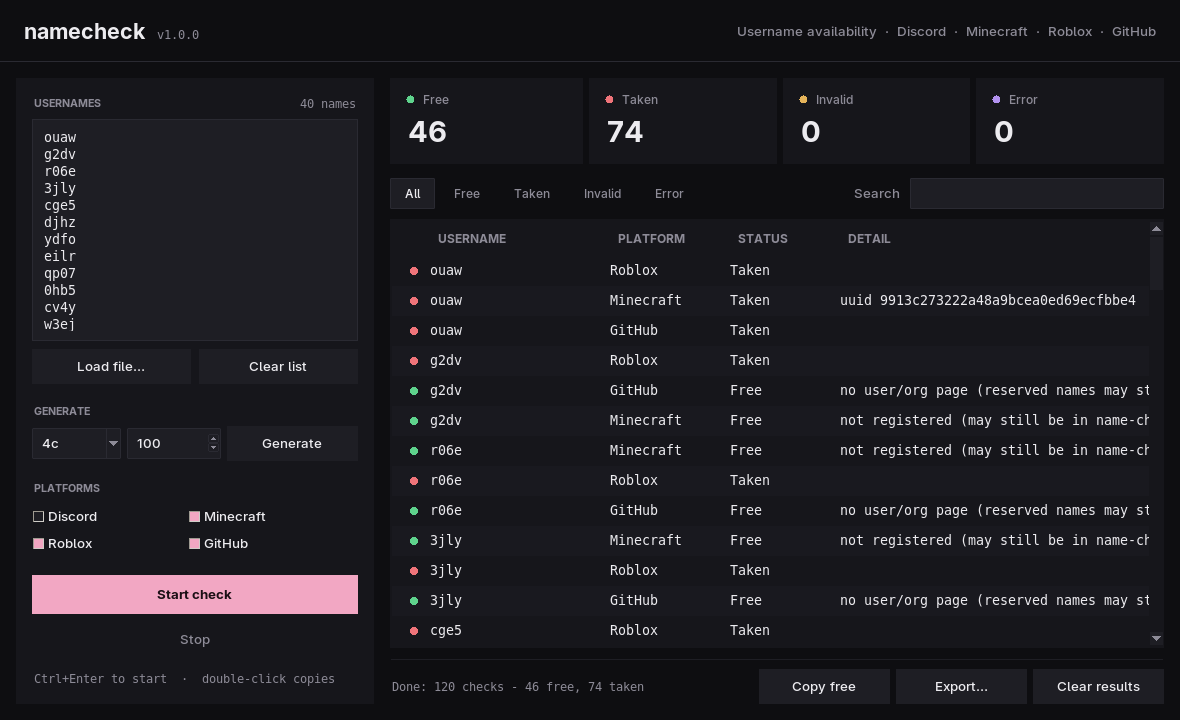 The namecheck interface with stat cards and a results table